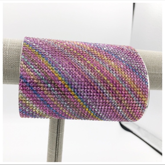 Pink Rhinestone Rainbow Wide Bracelet Cuff 4 inch - Picture 2 of 4